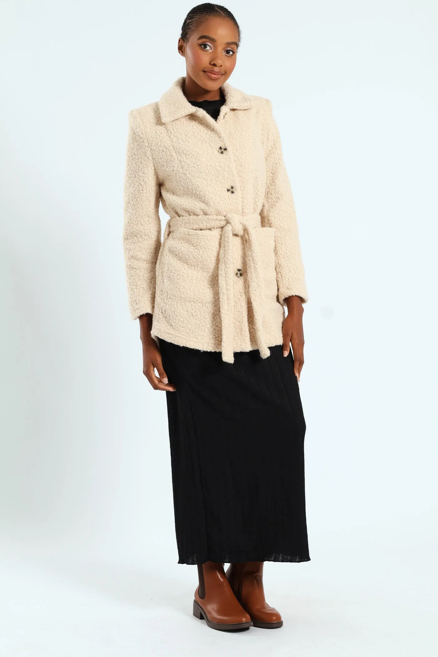 Belted Button Through Boucle Shacket - Stone