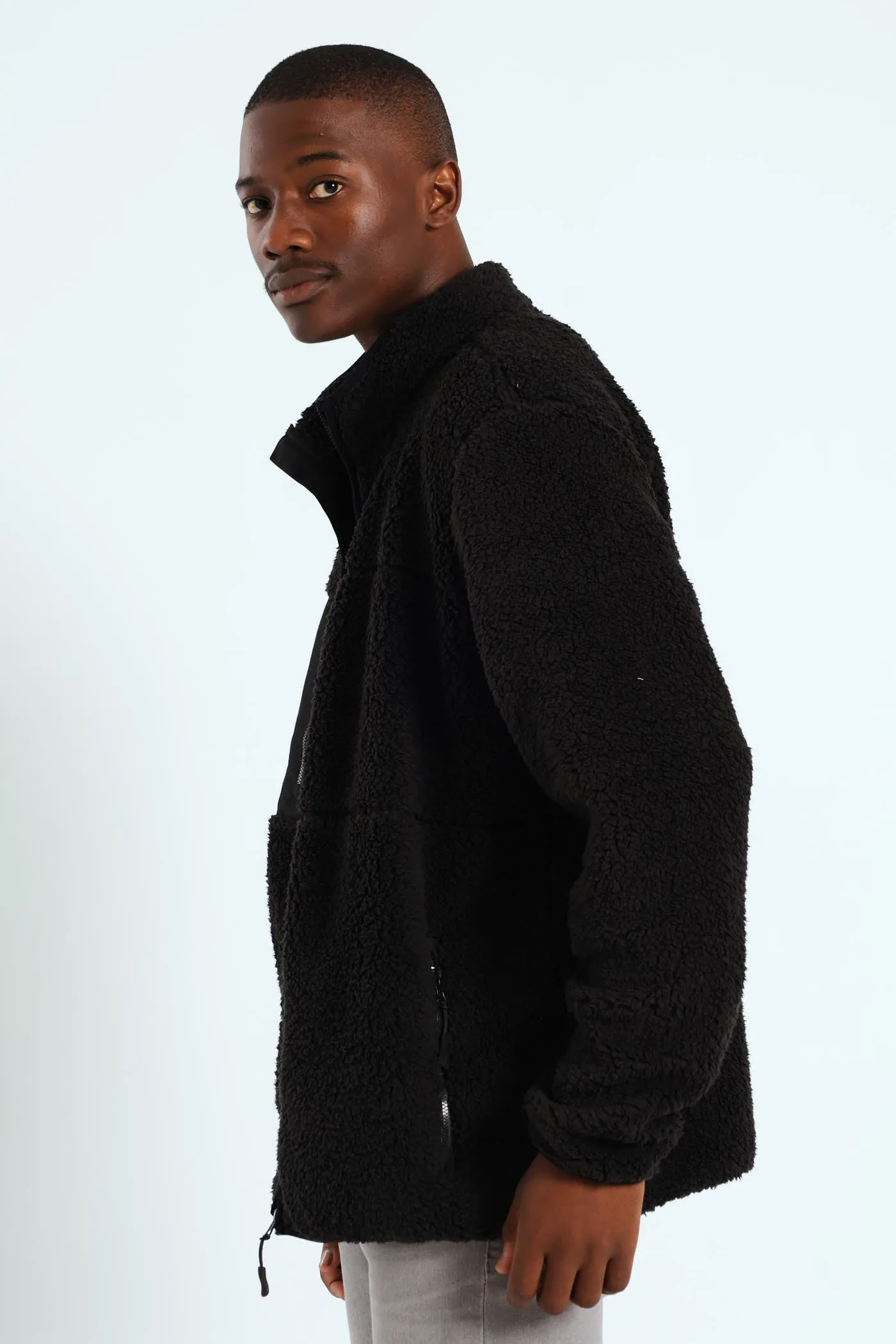 Borg Nylon Zip Through Jacket - Black