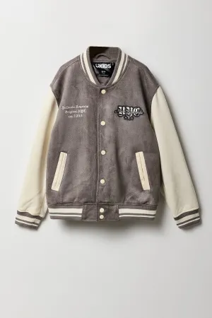 Boys Faux Suede Embroidered Varsity Jacket