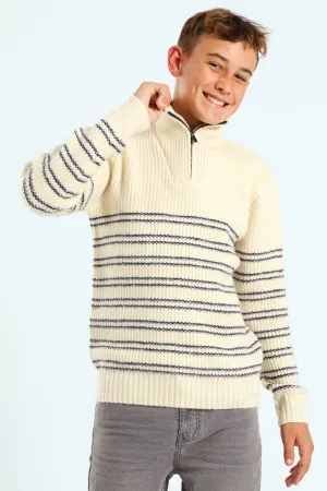 Boys Quarter Zip Stripe Knit Pullover - Cream