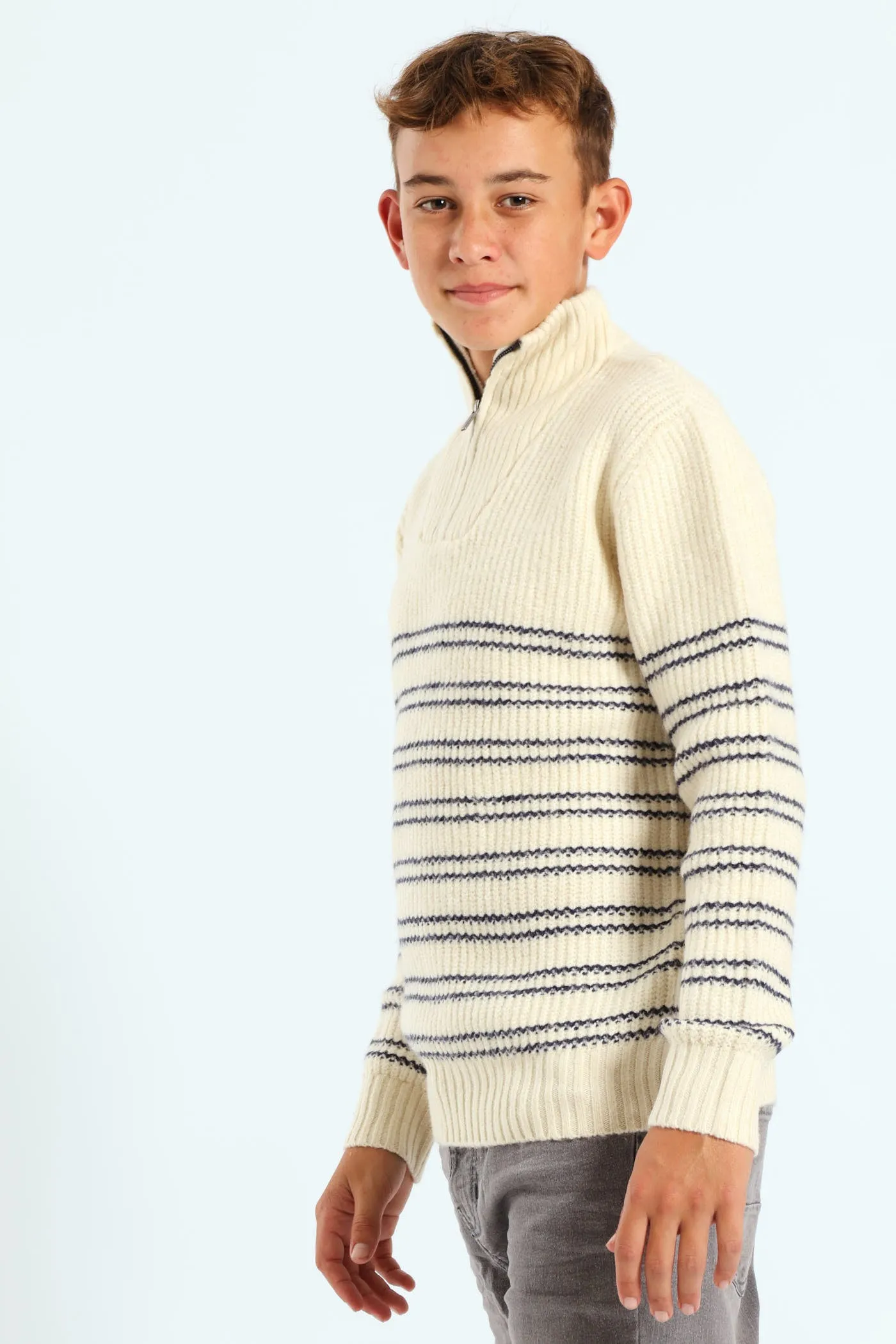 Boys Quarter Zip Stripe Knit Pullover - Cream