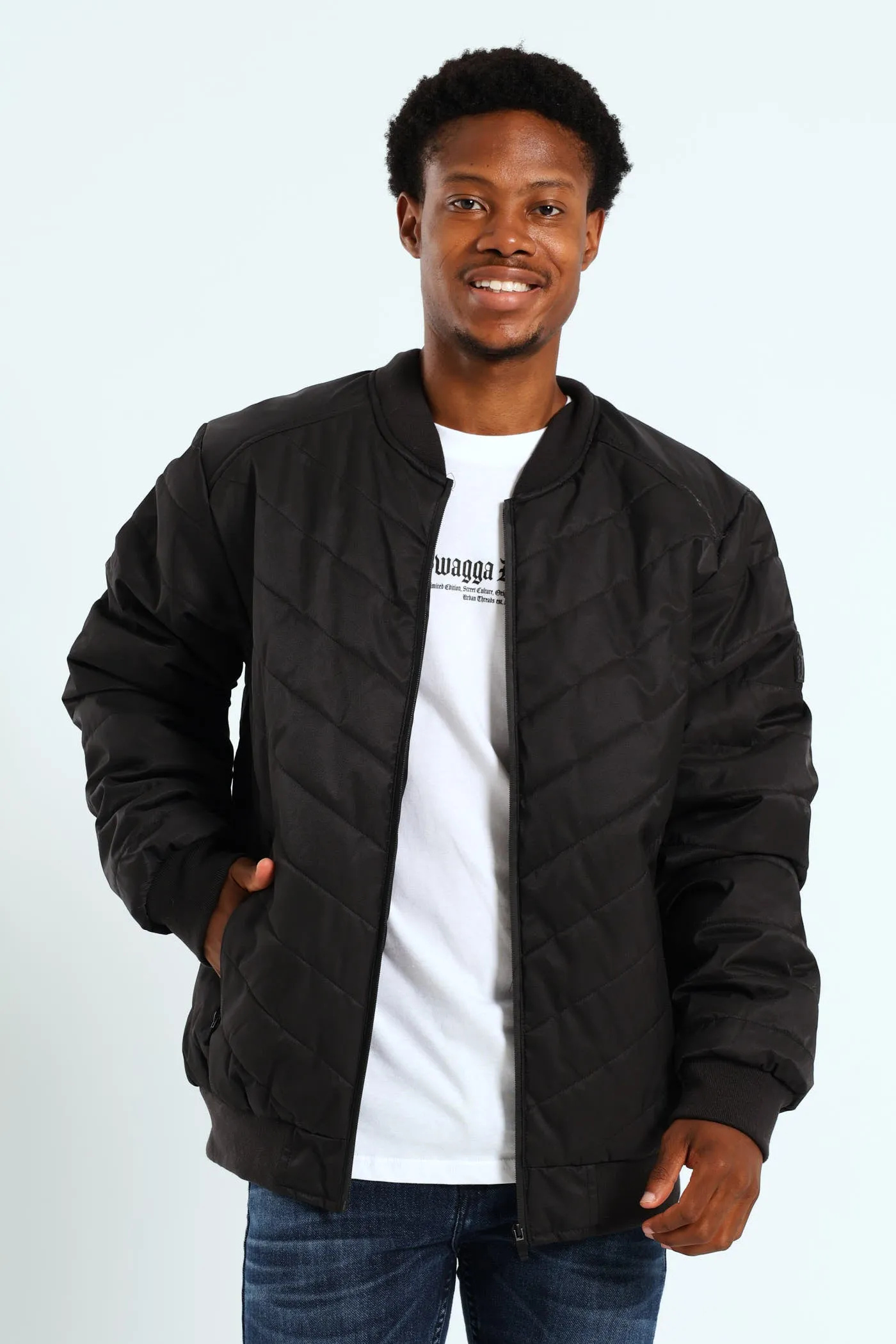 Chevron Quilted Bomber - Black
