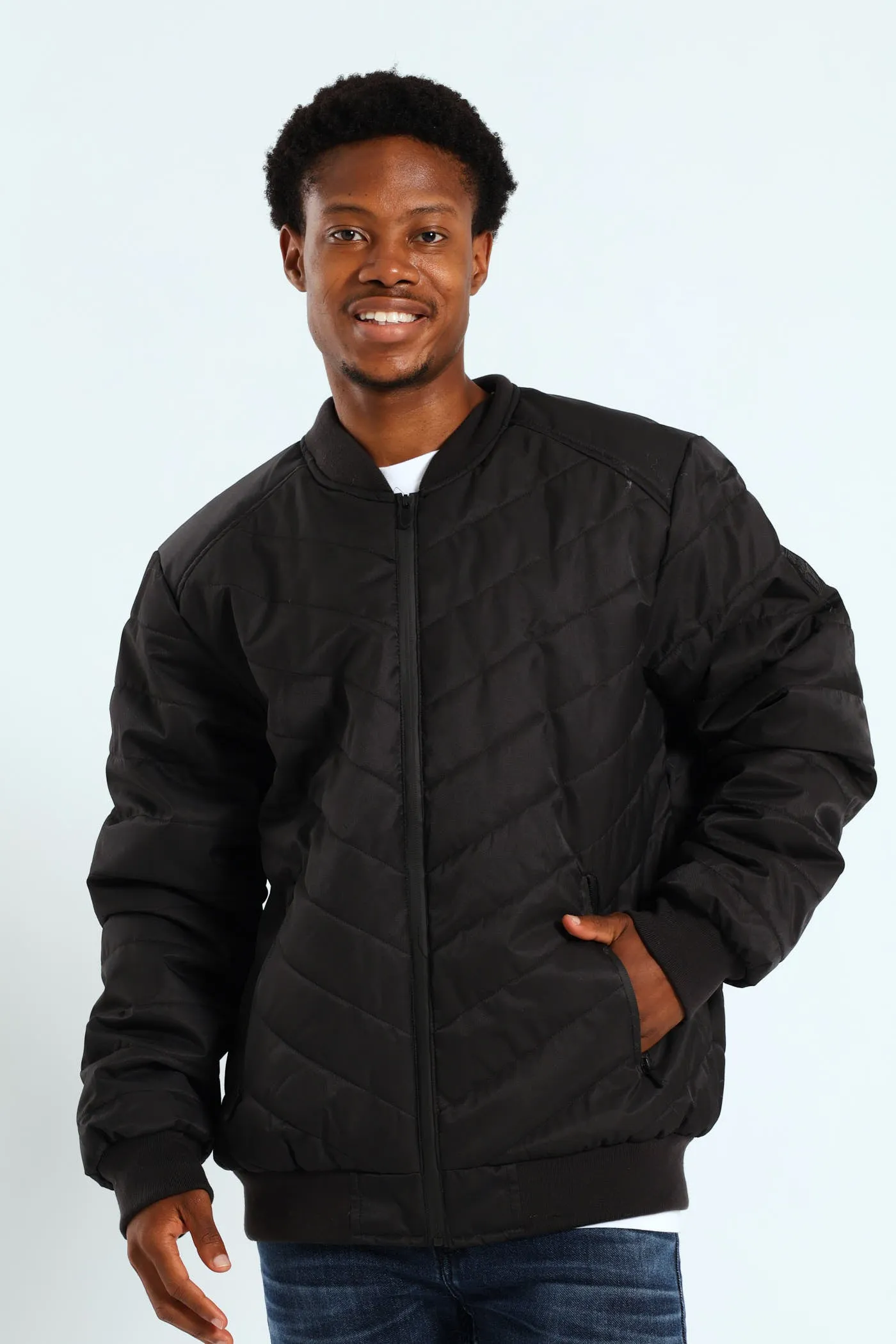 Chevron Quilted Bomber - Black