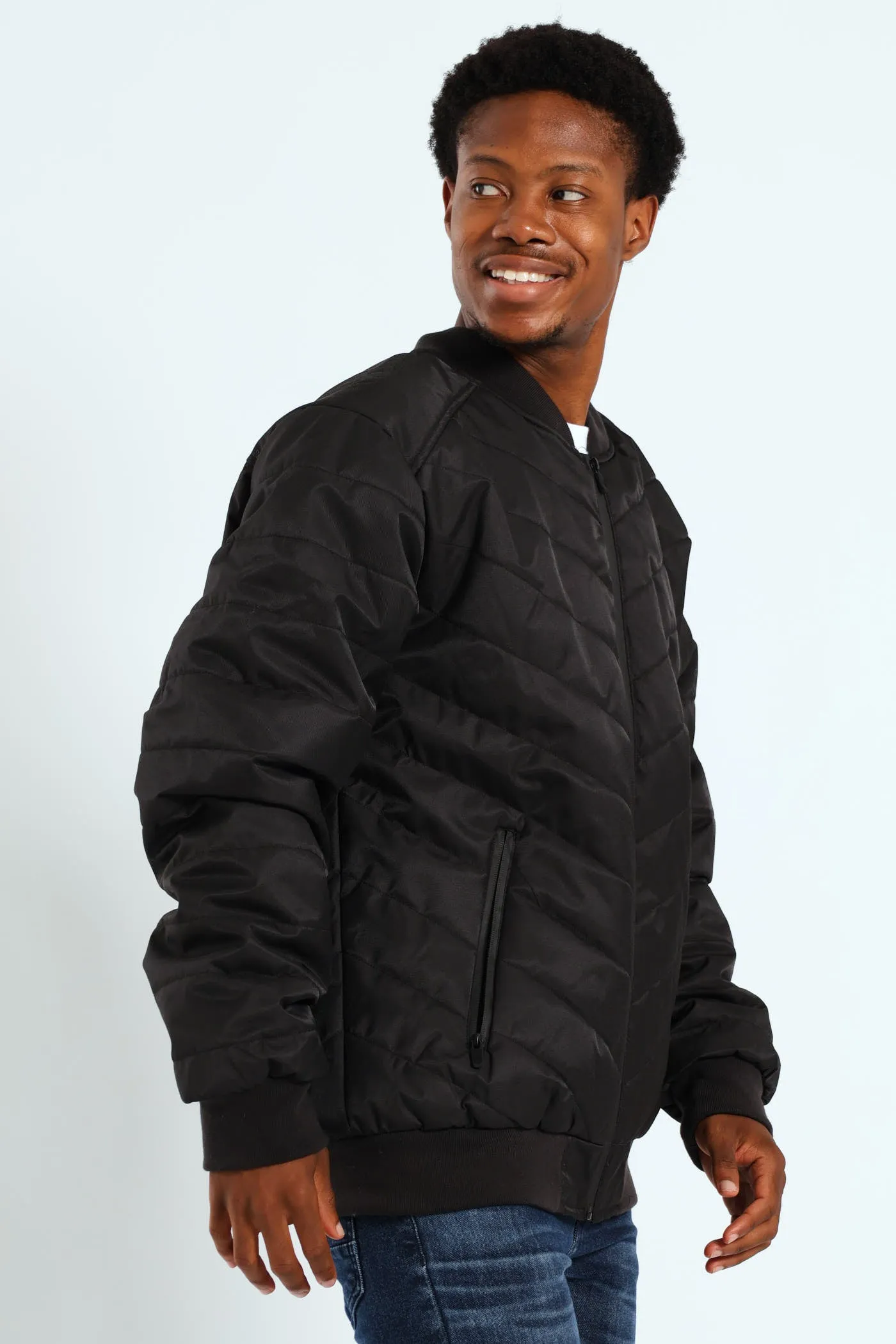 Chevron Quilted Bomber - Black