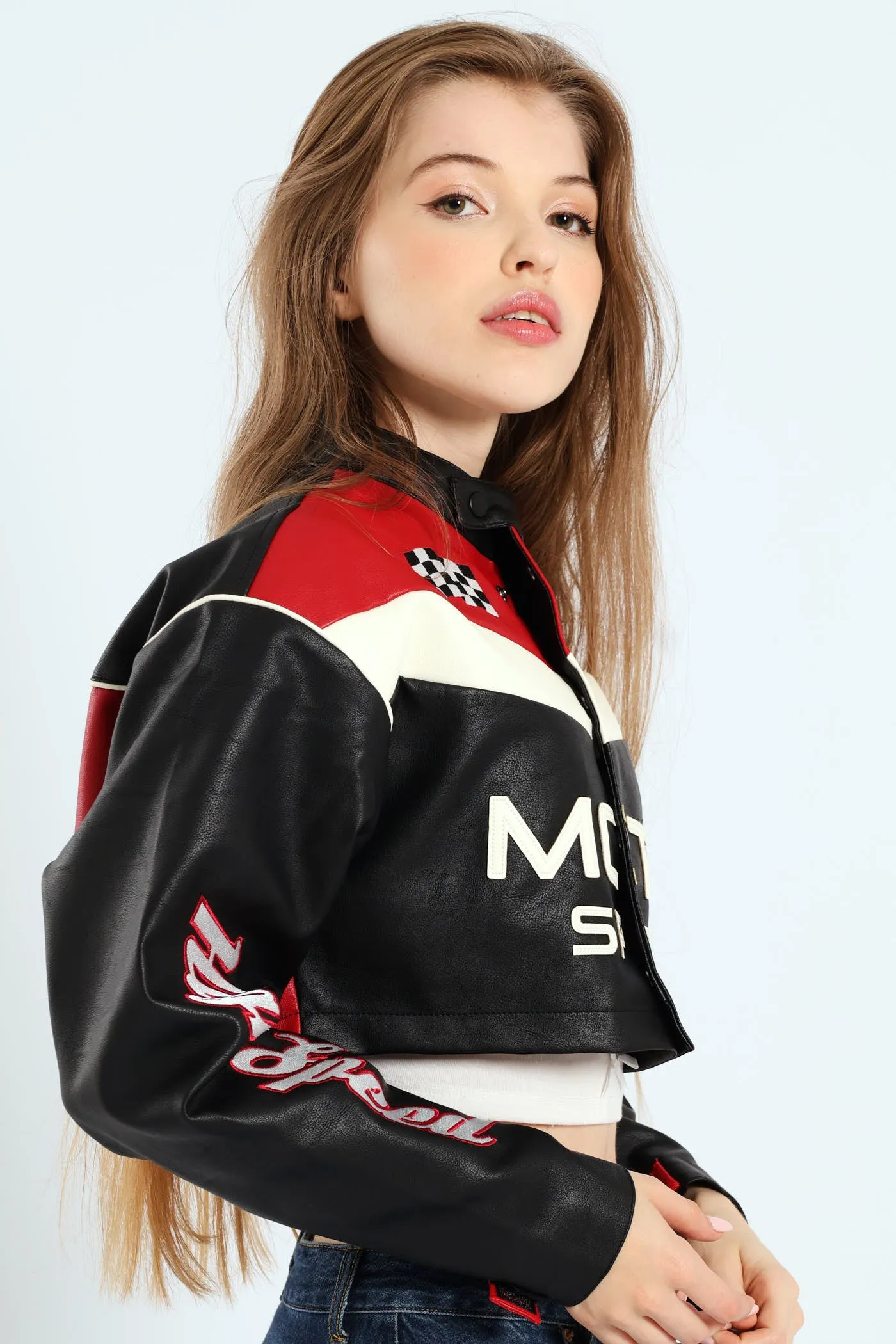 Cropped Motorcycle Jacket - Black