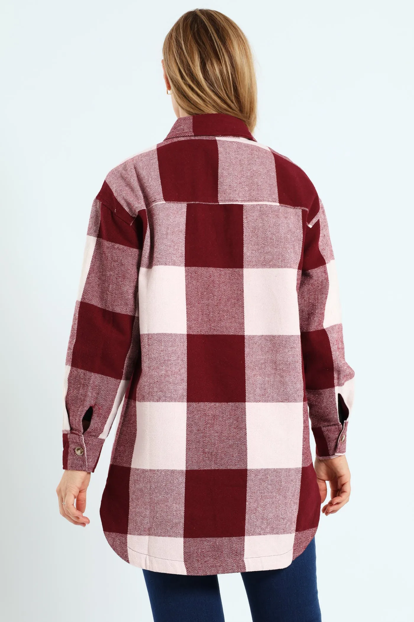 Curved Hem Long Length Lined Melton Shacket - Wine