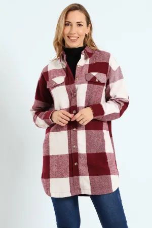 Curved Hem Long Length Lined Melton Shacket - Wine