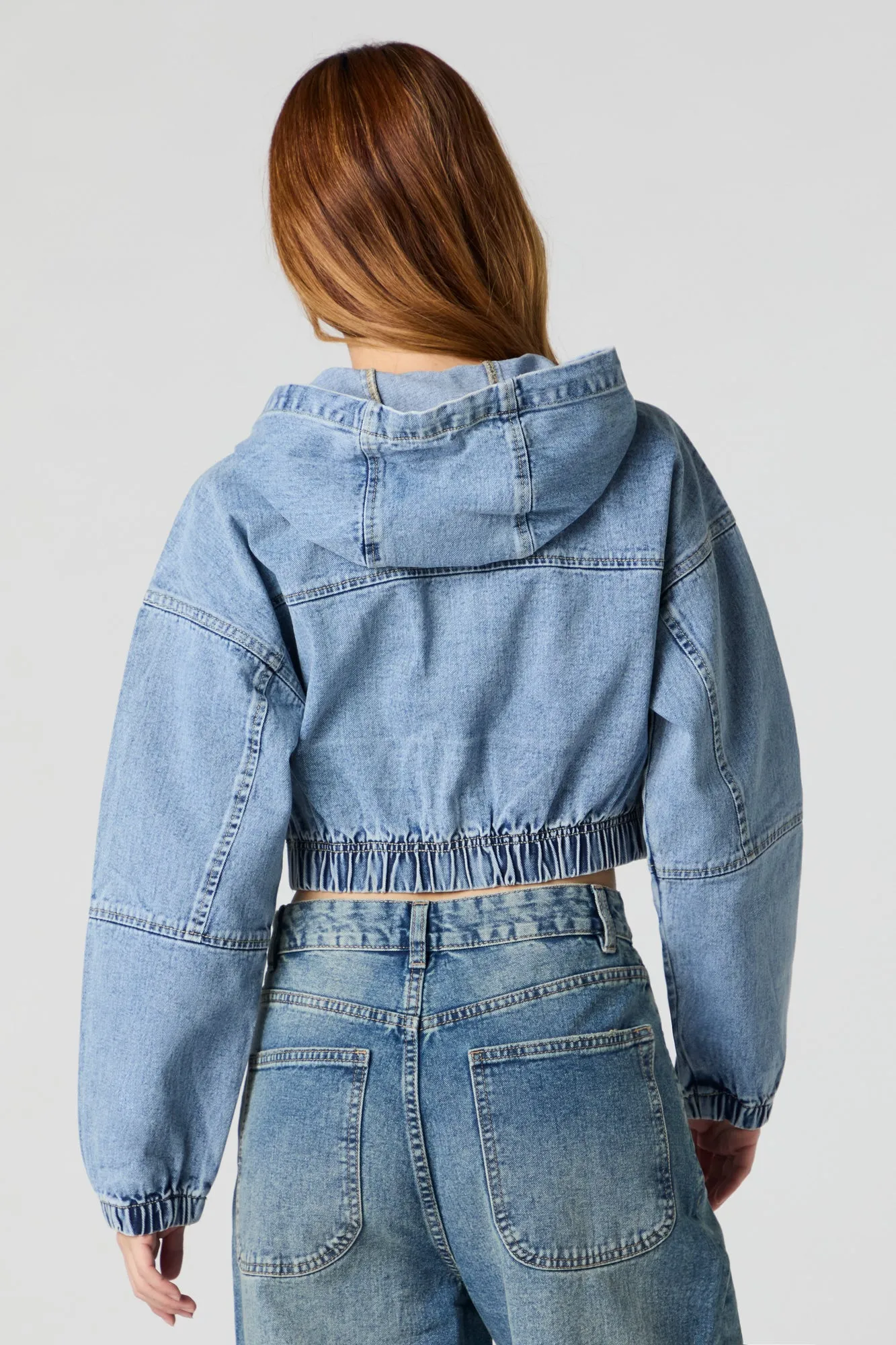 Denim Cropped Zip-Up Hoodie
