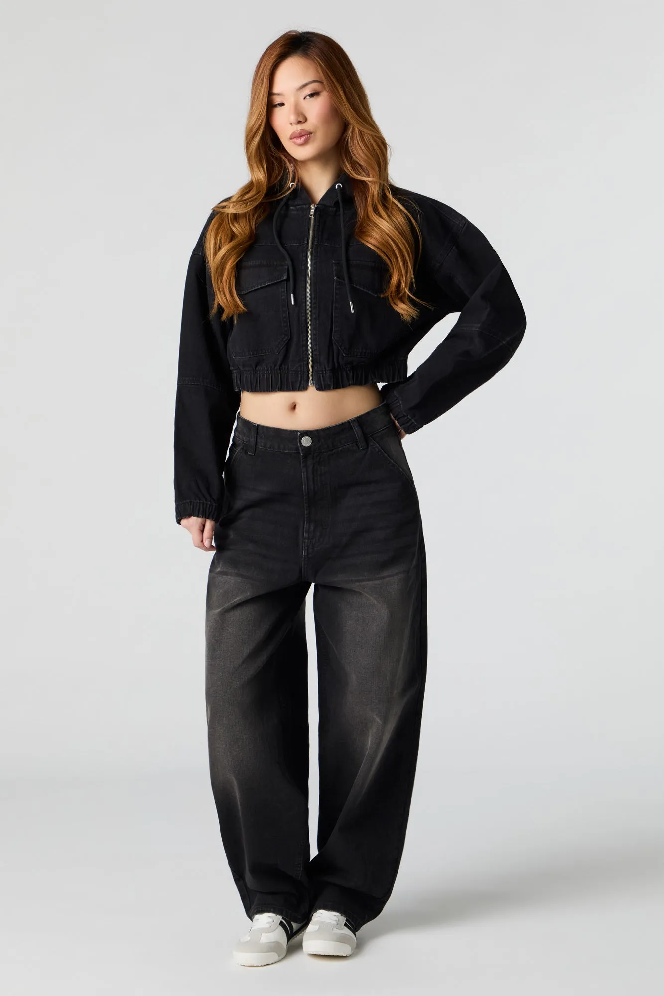 Denim Cropped Zip-Up Hoodie
