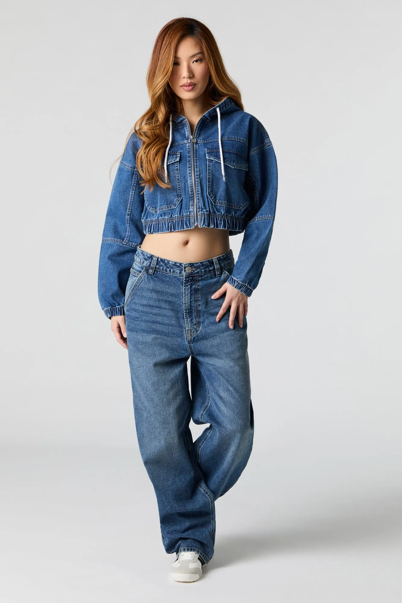 Denim Cropped Zip-Up Hoodie