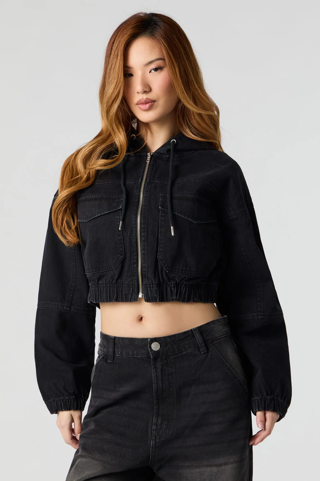 Denim Cropped Zip-Up Hoodie