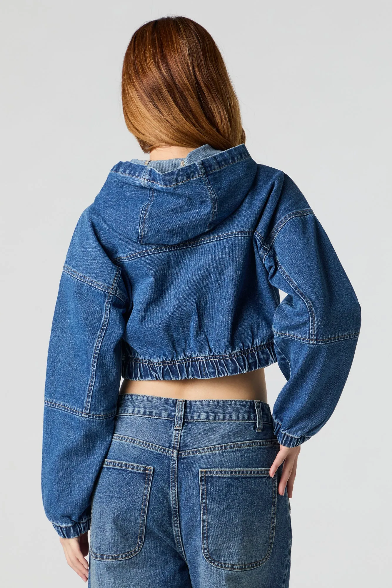 Denim Cropped Zip-Up Hoodie