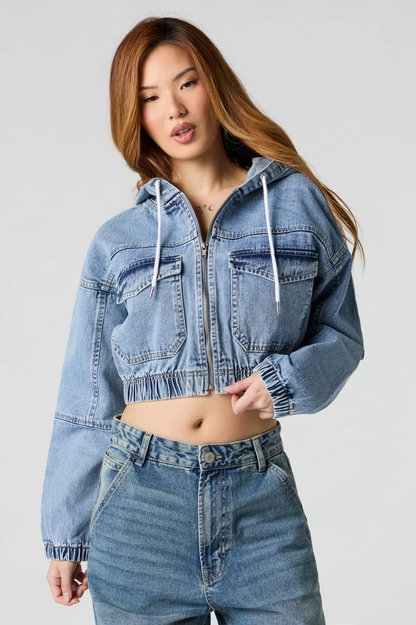 Denim Cropped Zip-Up Hoodie