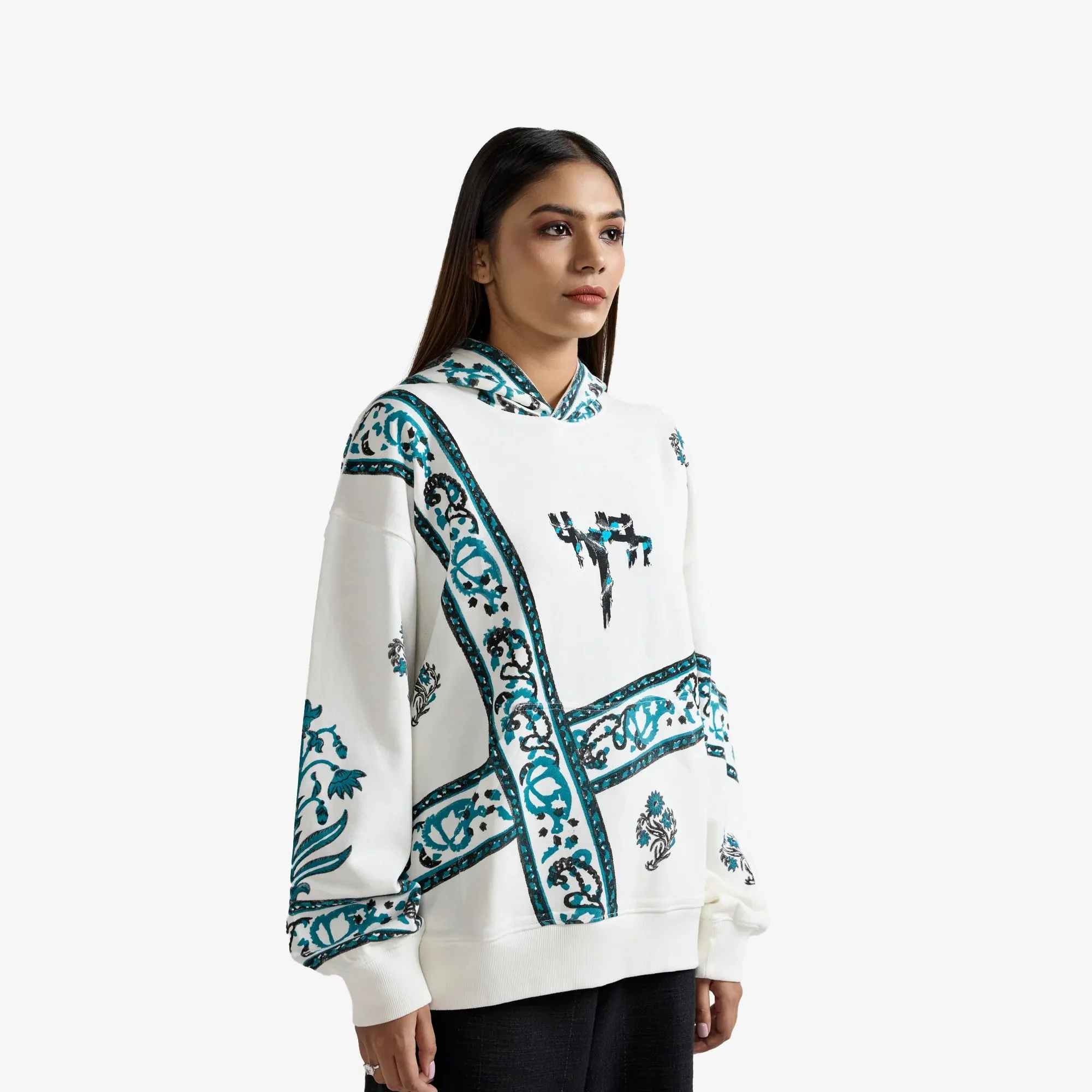 F A R A K | COSMIC BLOCKPRINT HOODIE { WHITE
