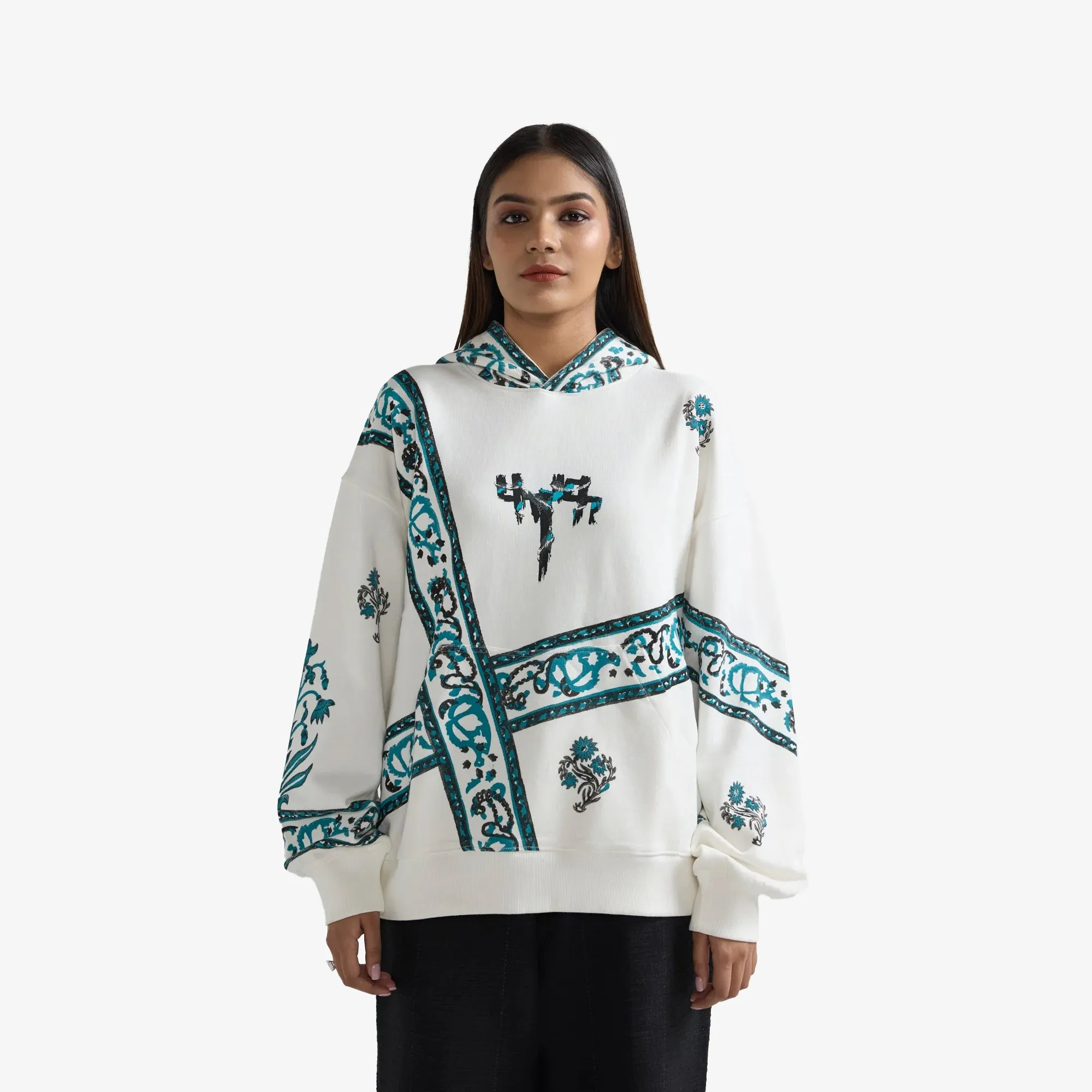 F A R A K | COSMIC BLOCKPRINT HOODIE { WHITE