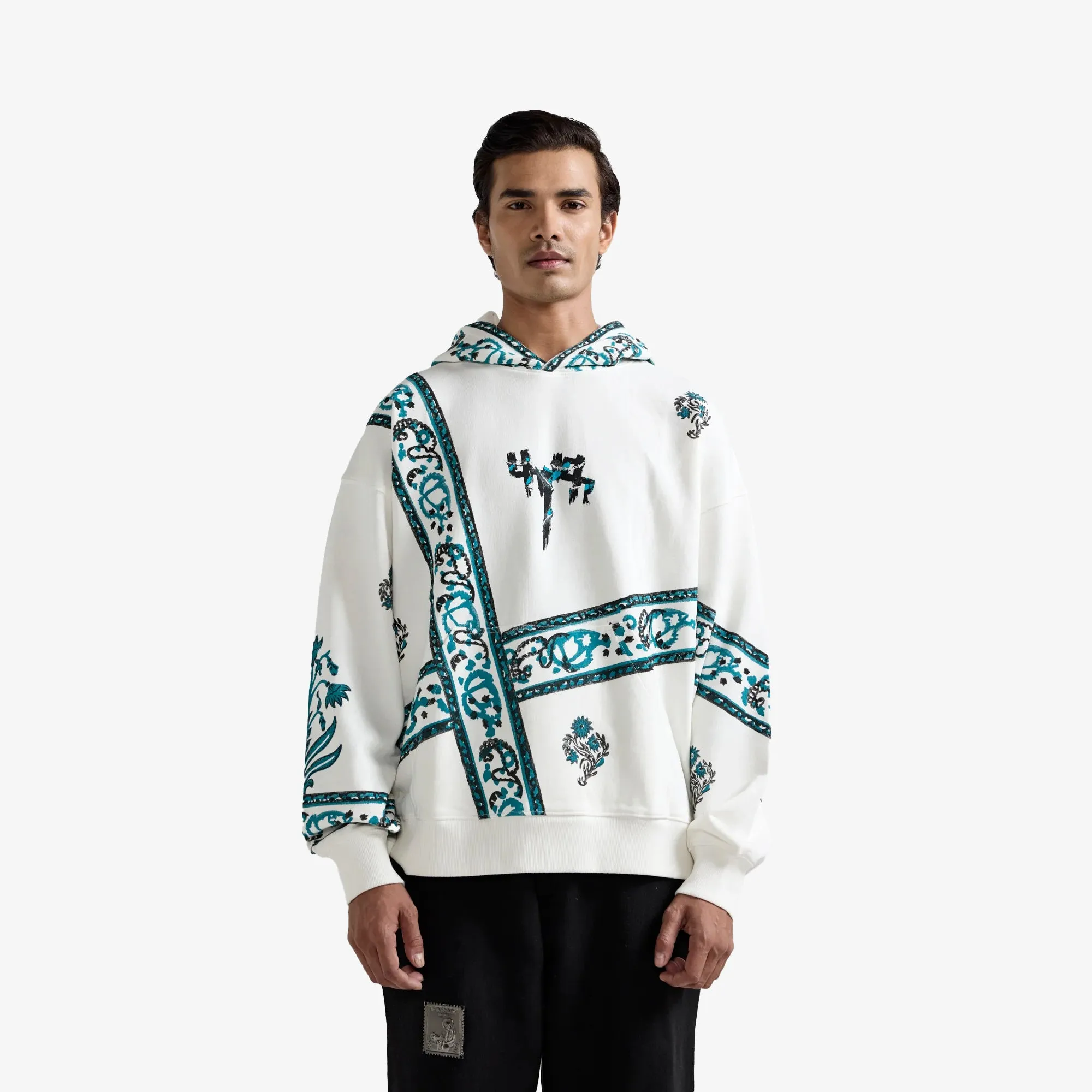 F A R A K | COSMIC BLOCKPRINT HOODIE { WHITE