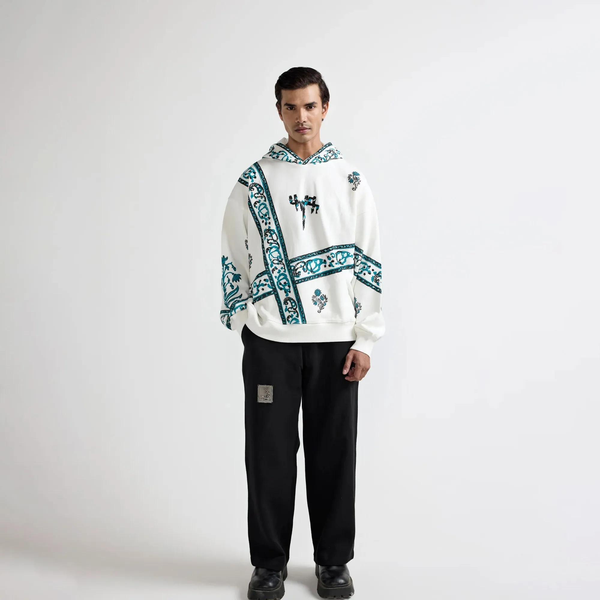 F A R A K | COSMIC BLOCKPRINT HOODIE { WHITE