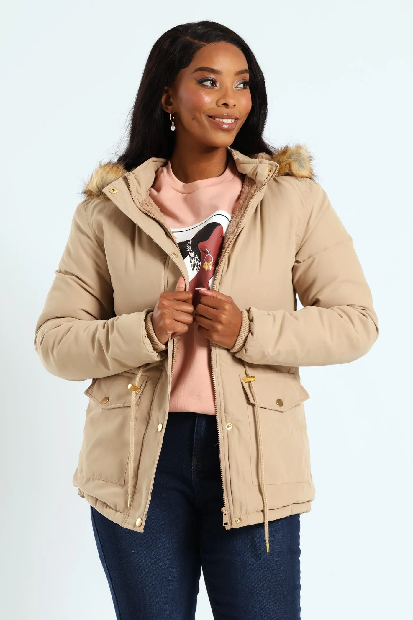 Fur Trim Parka With Utility Pockets & Detachable Hood - Dark Beige