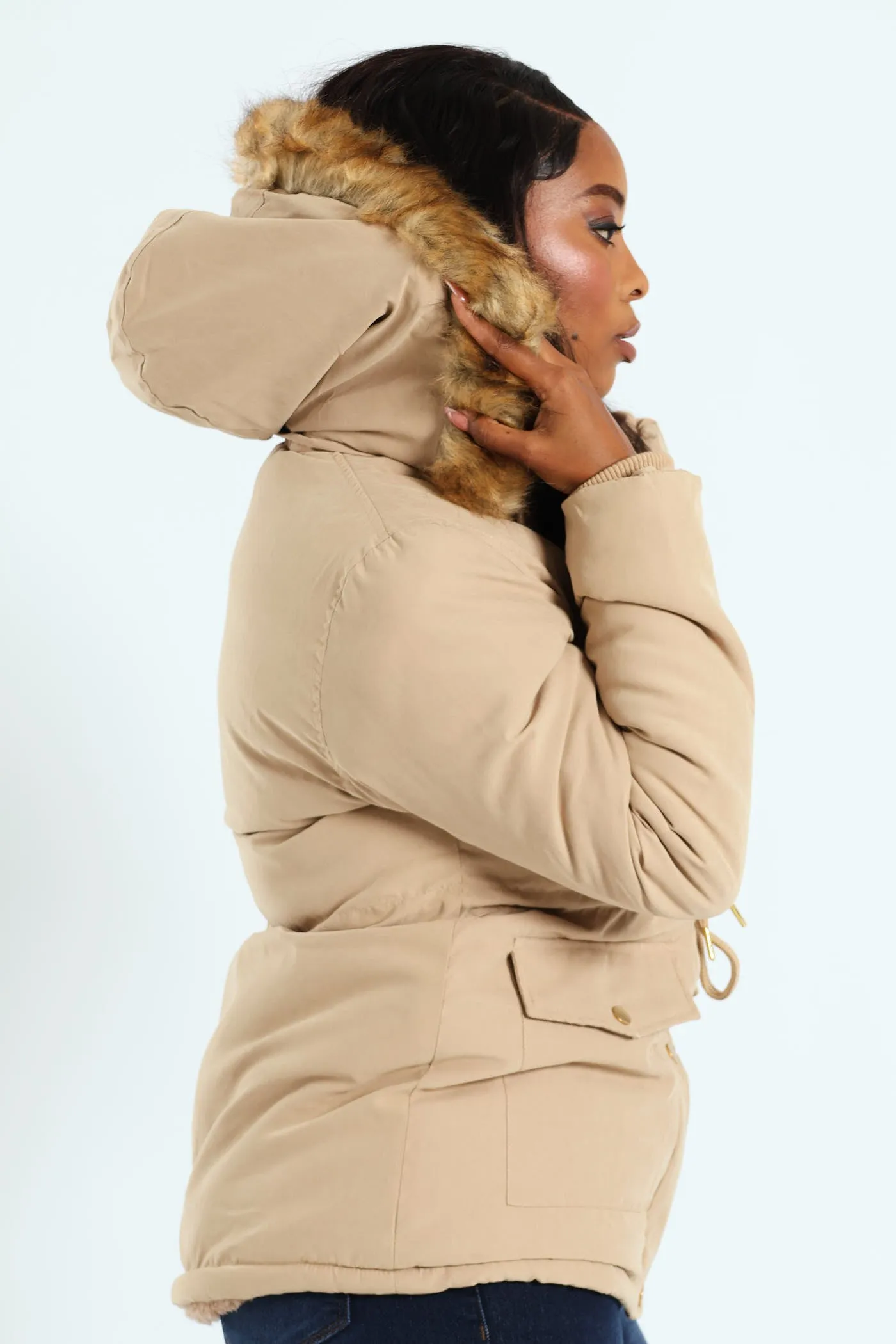 Fur Trim Parka With Utility Pockets & Detachable Hood - Dark Beige