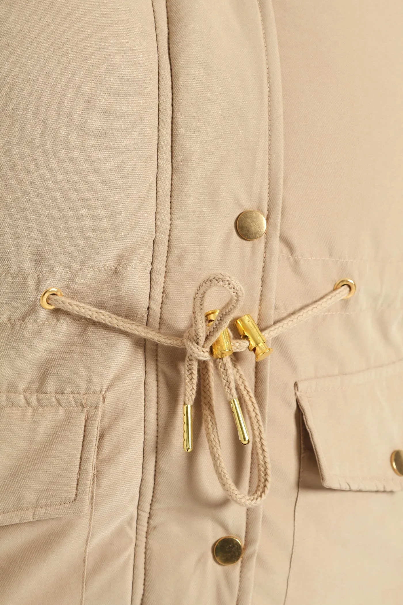 Fur Trim Parka With Utility Pockets & Detachable Hood - Dark Beige