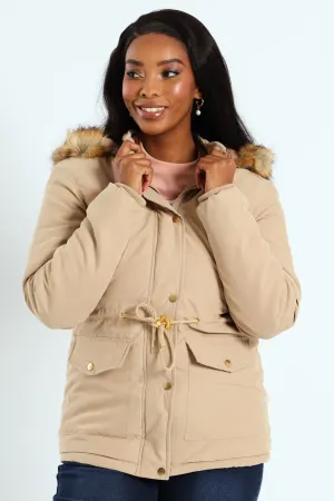 Fur Trim Parka With Utility Pockets & Detachable Hood - Dark Beige