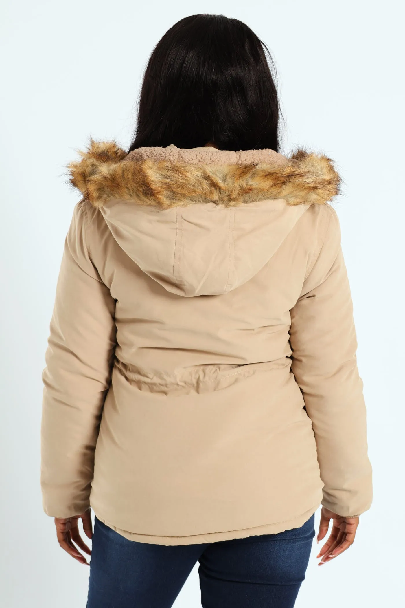 Fur Trim Parka With Utility Pockets & Detachable Hood - Dark Beige