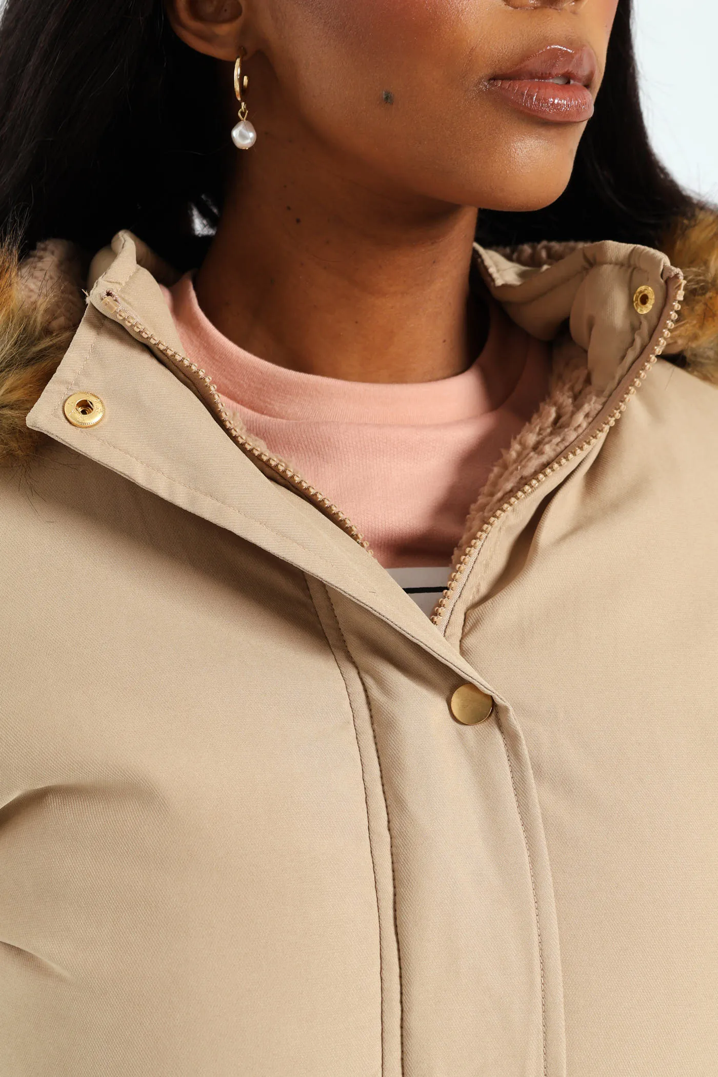 Fur Trim Parka With Utility Pockets & Detachable Hood - Dark Beige
