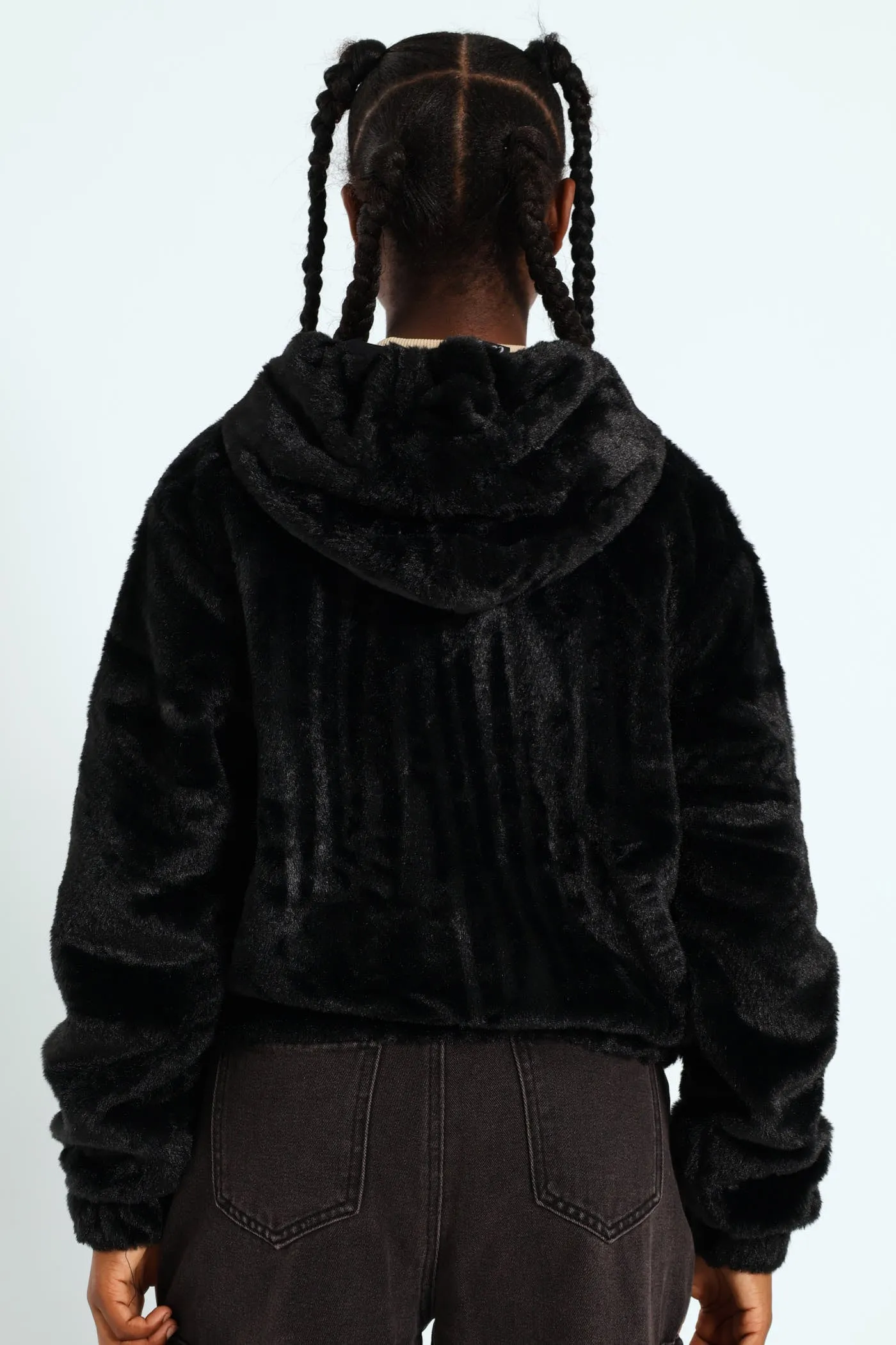 Girls Fur Hoody Jacket - Black
