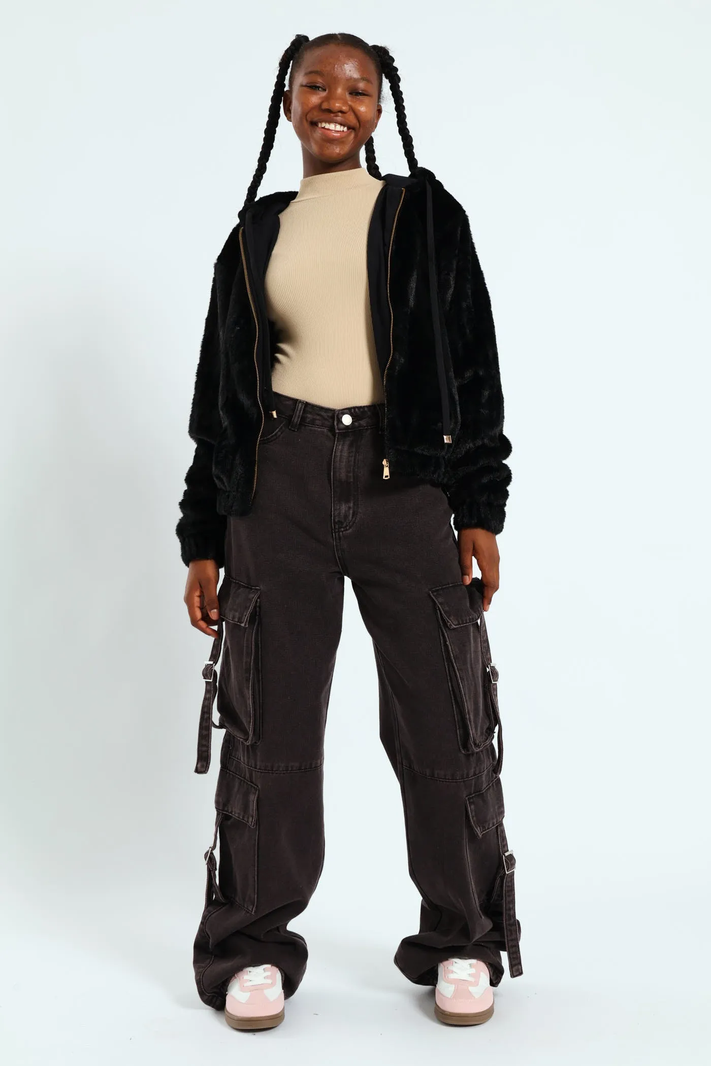 Girls Fur Hoody Jacket - Black