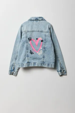 Girls Heart Graphic Rhinestone Denim Jacket
