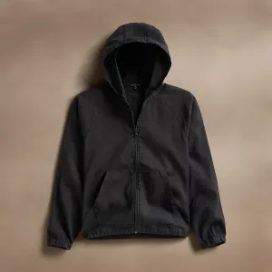 Linen Blend Zip Front Hoodie - Black
