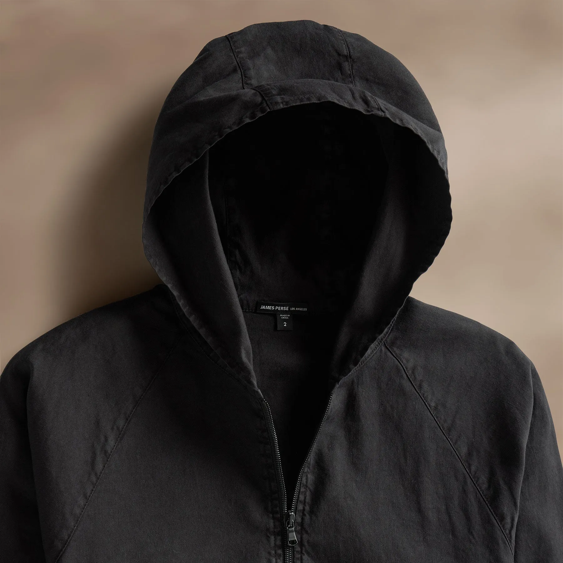Linen Blend Zip Front Hoodie - Black