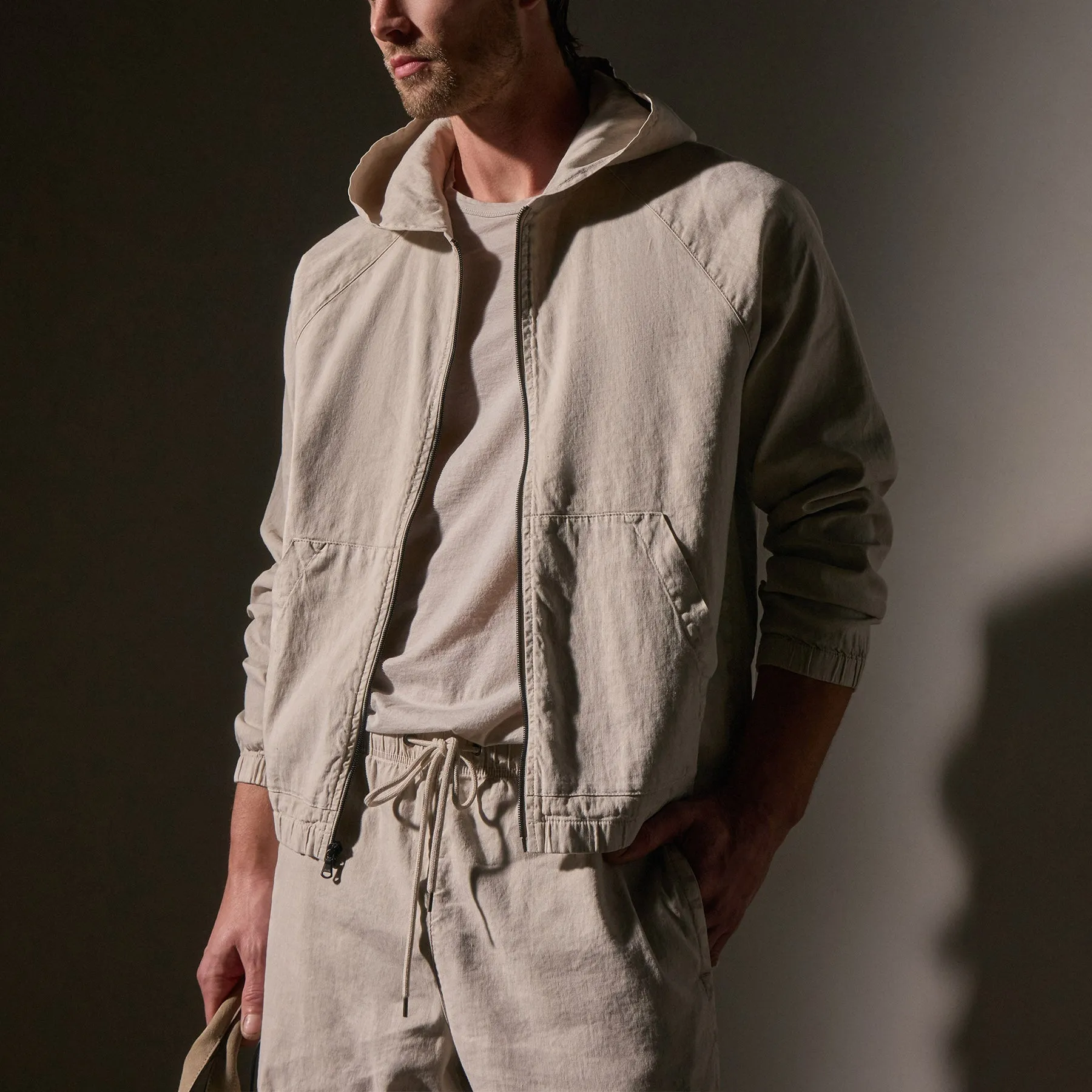 Linen Blend Zip Front Hoodie - Salt Pigment