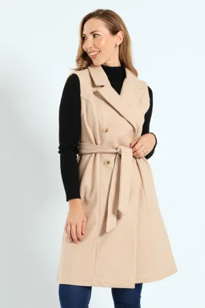 Long Length Belted Melton Gilet - Chestnut