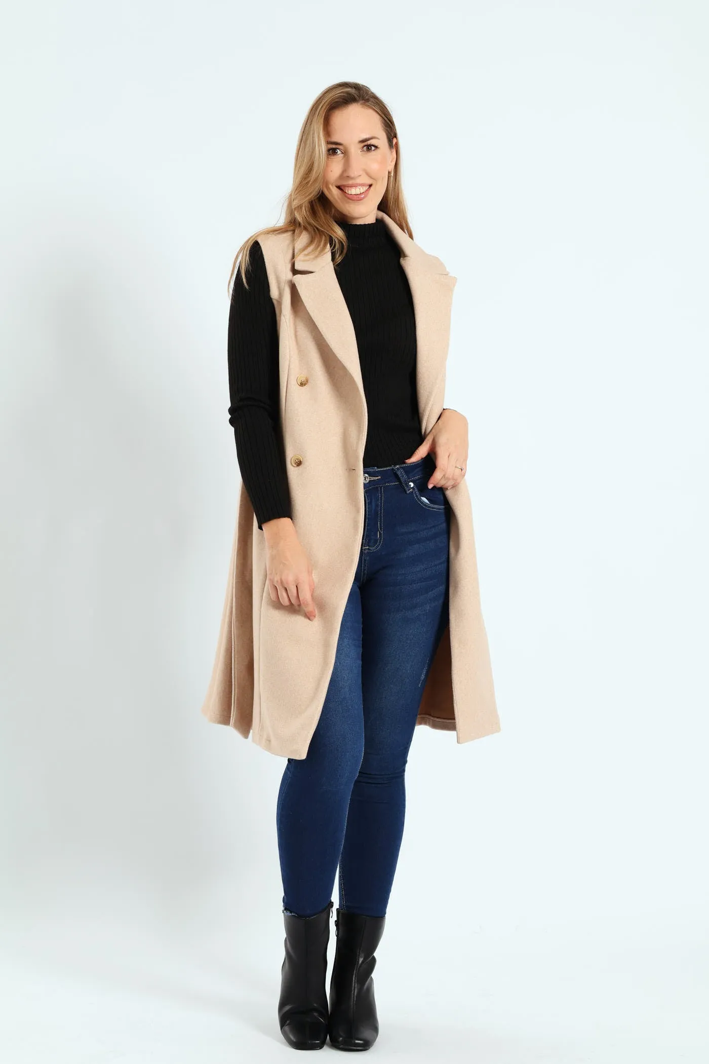 Long Length Belted Melton Gilet - Chestnut