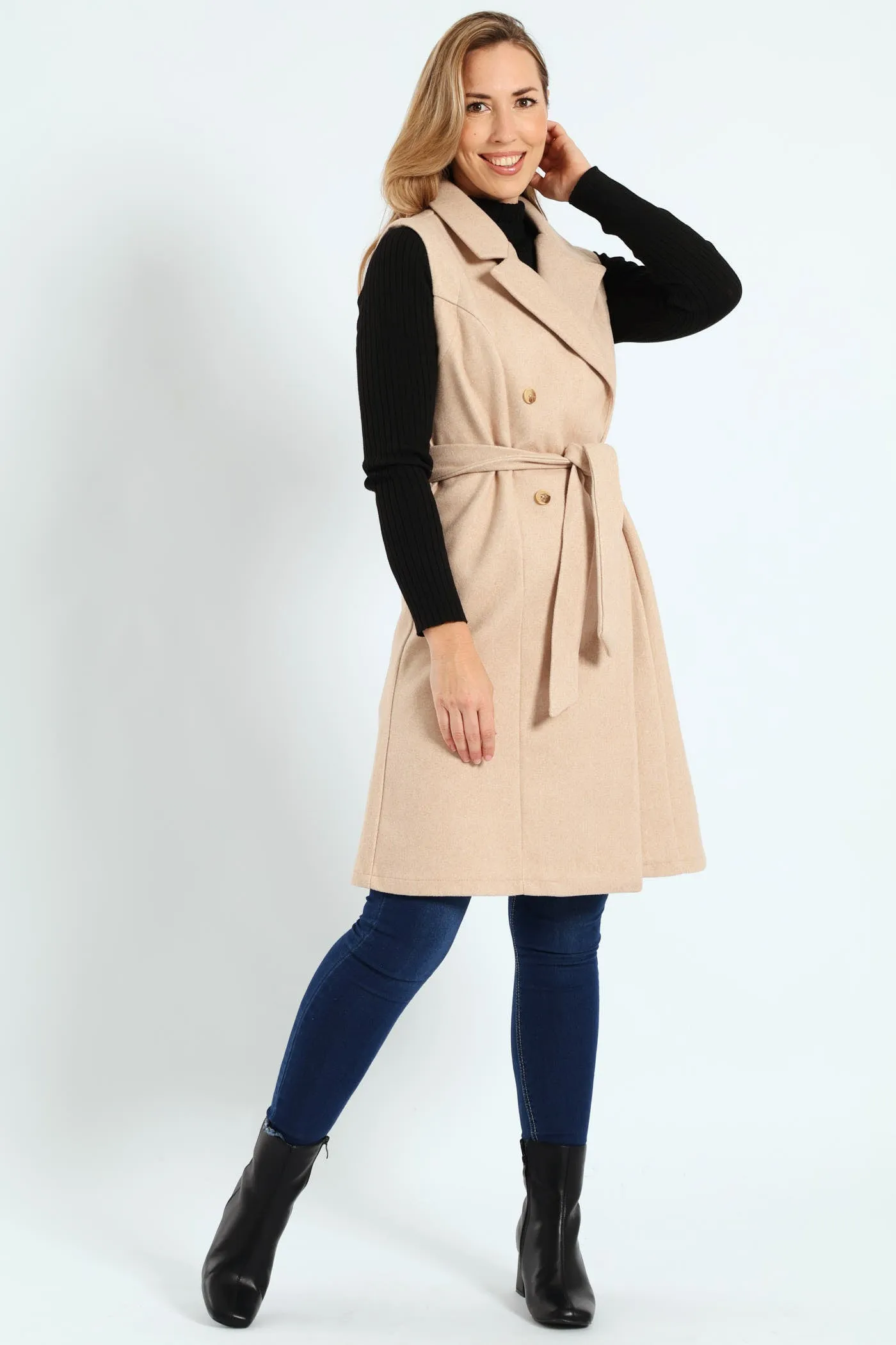 Long Length Belted Melton Gilet - Chestnut