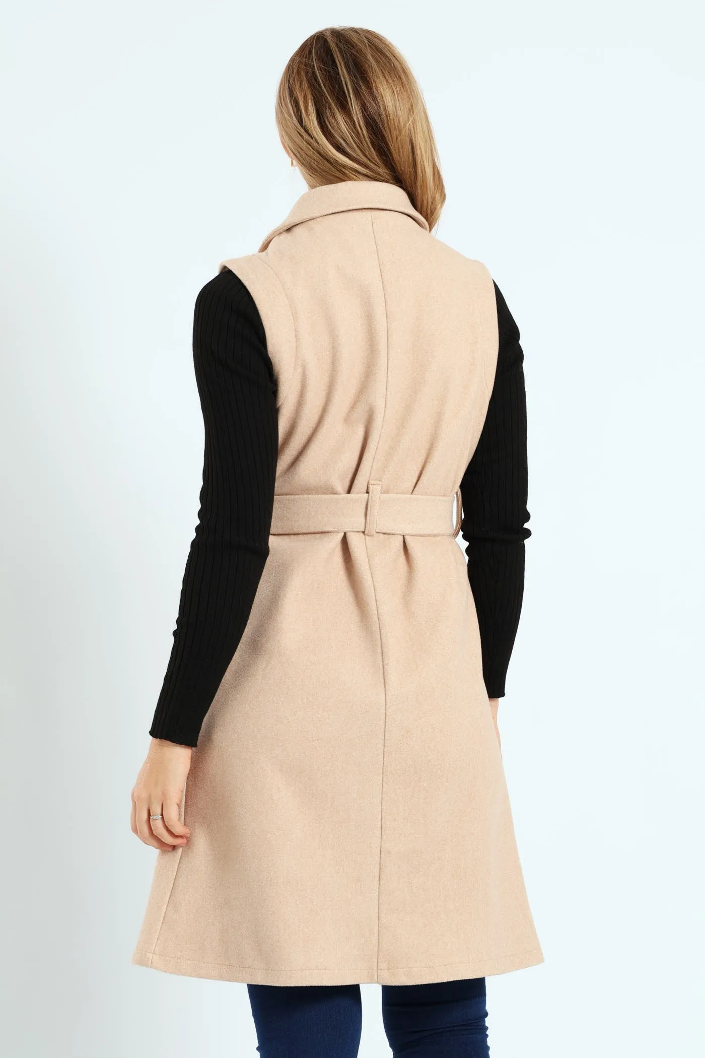 Long Length Belted Melton Gilet - Chestnut