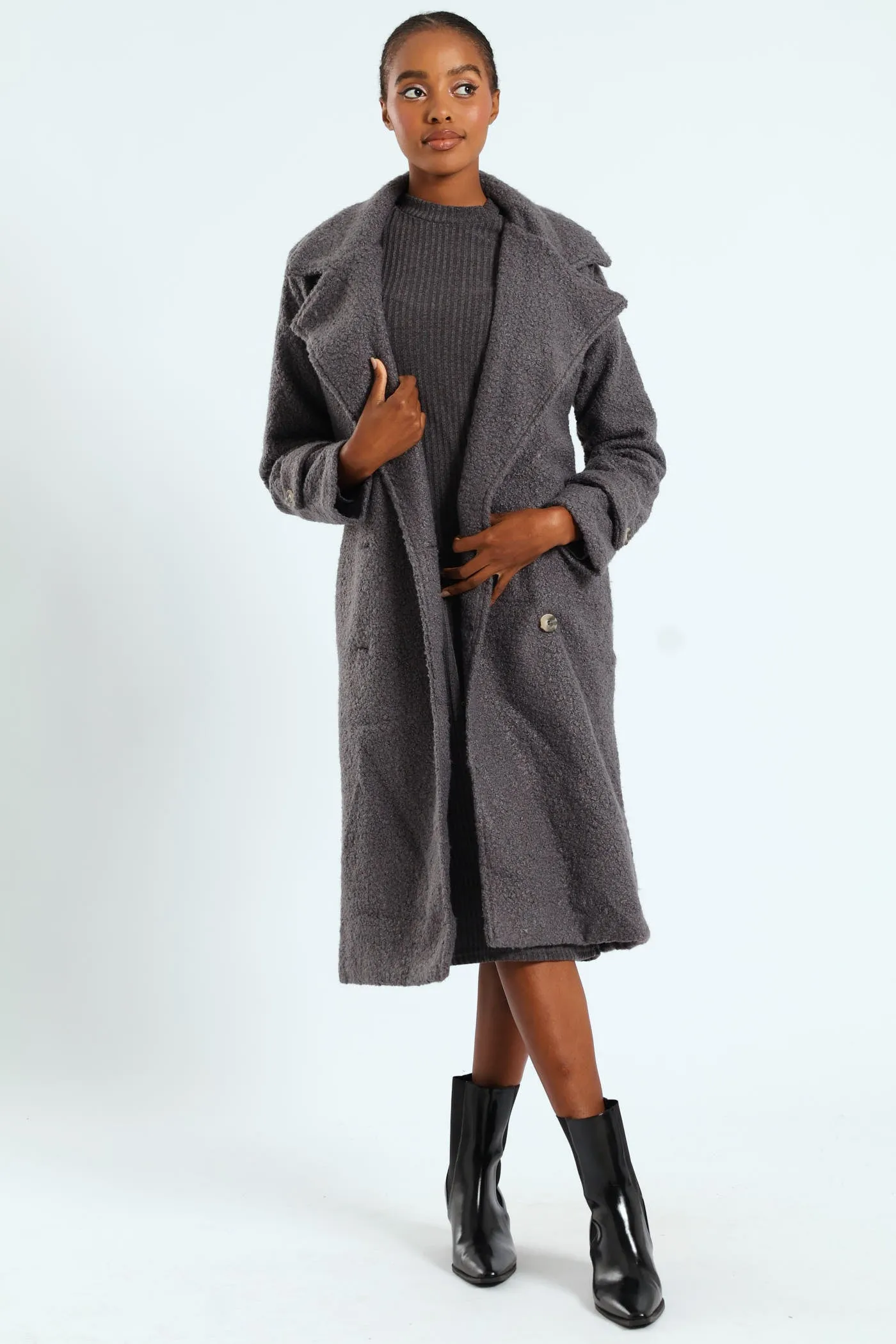 Long Length Boucle Coat With Lining - Grey