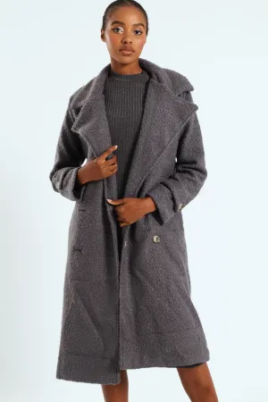 Long Length Boucle Coat With Lining - Grey