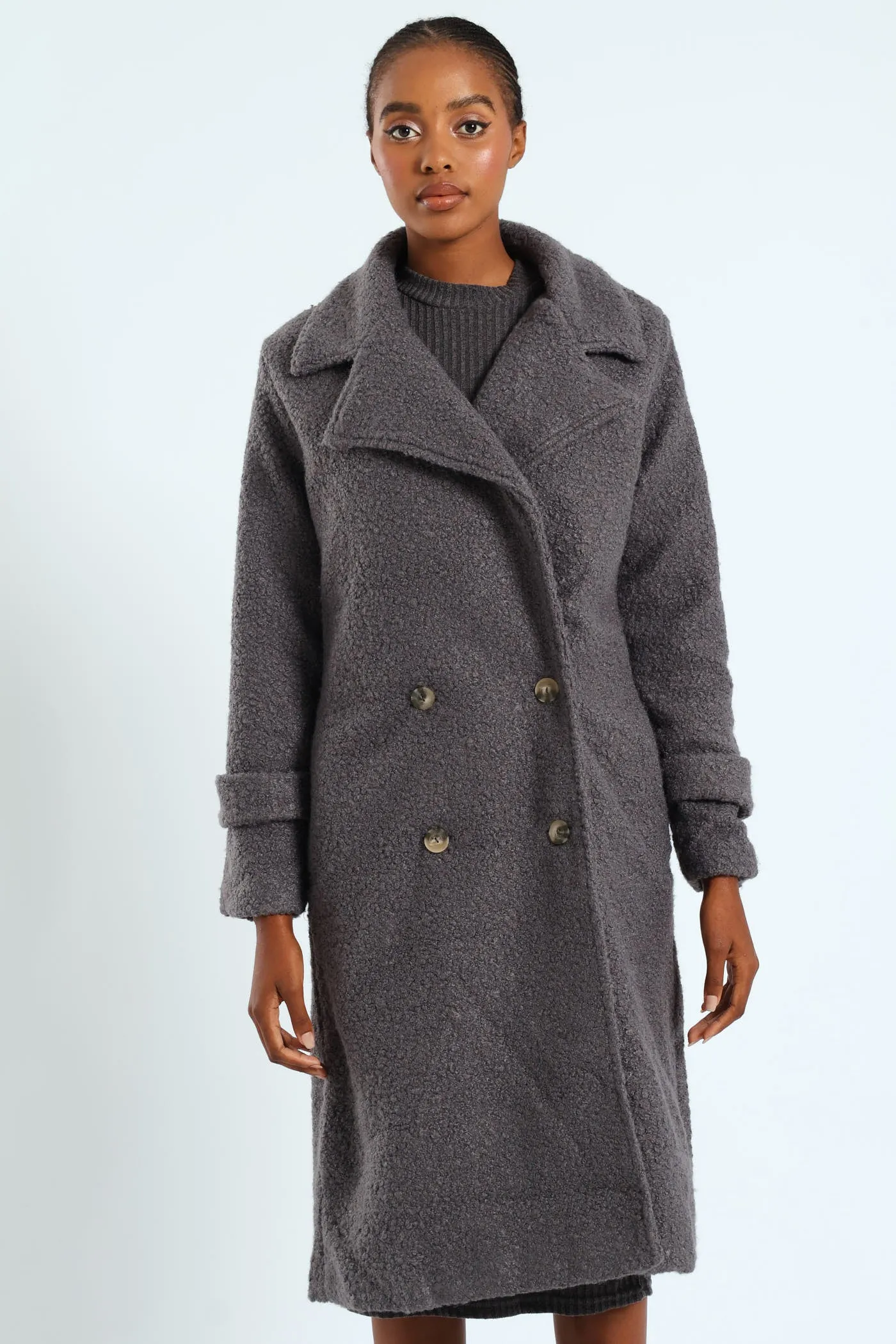 Long Length Boucle Coat With Lining - Grey
