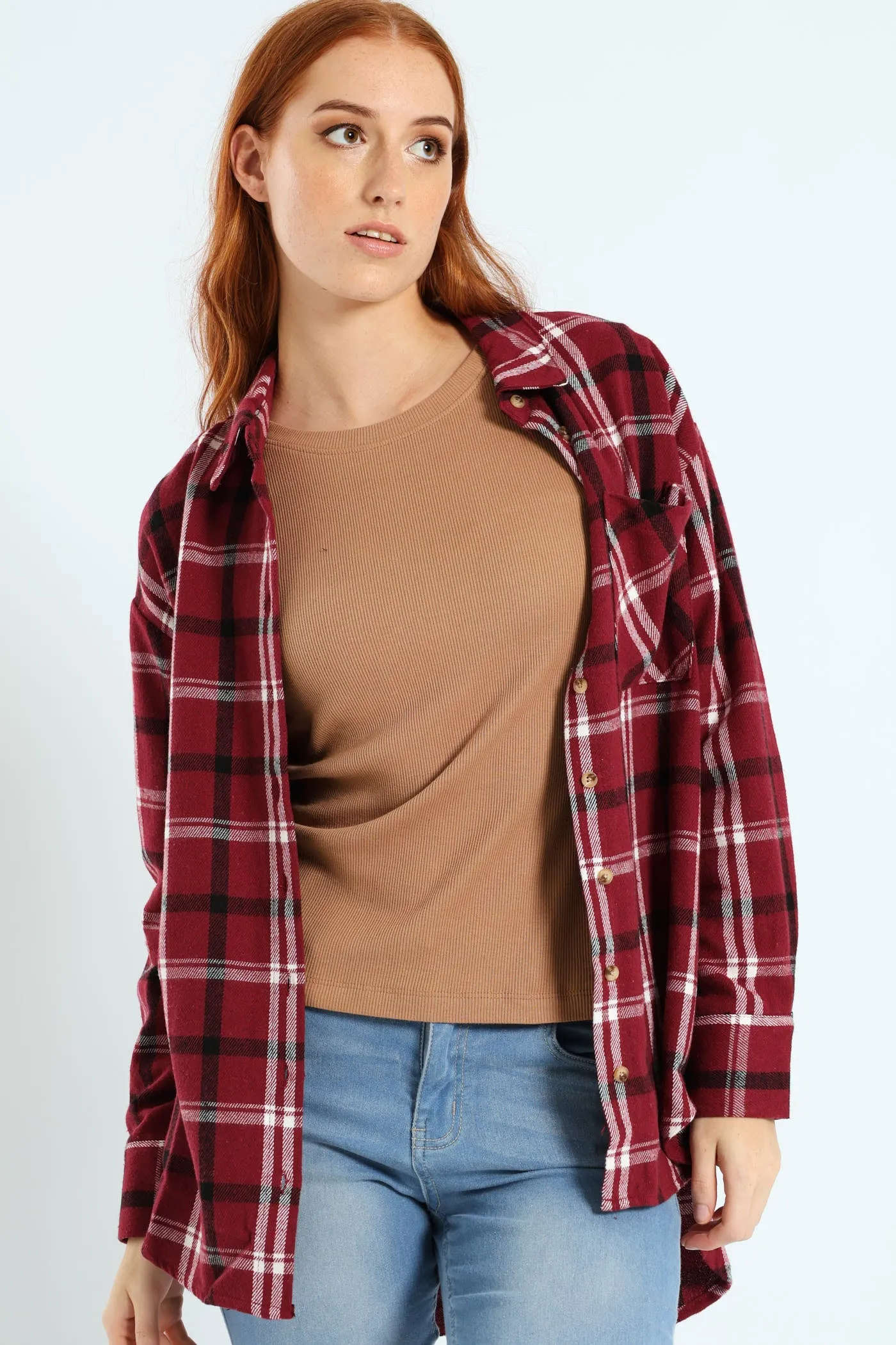 Long Length Flannel Check Shacket - Plum Noir