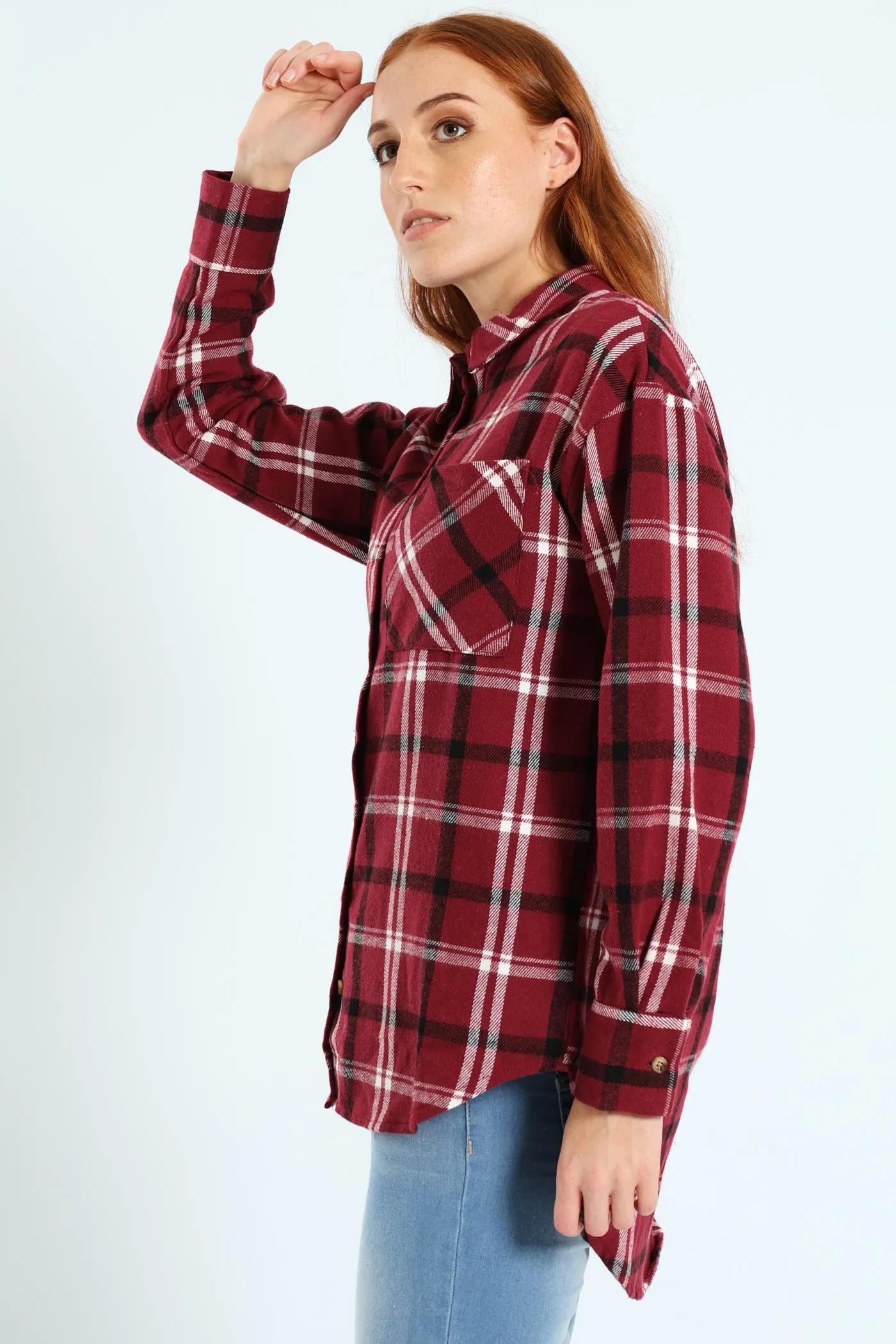 Long Length Flannel Check Shacket - Plum Noir