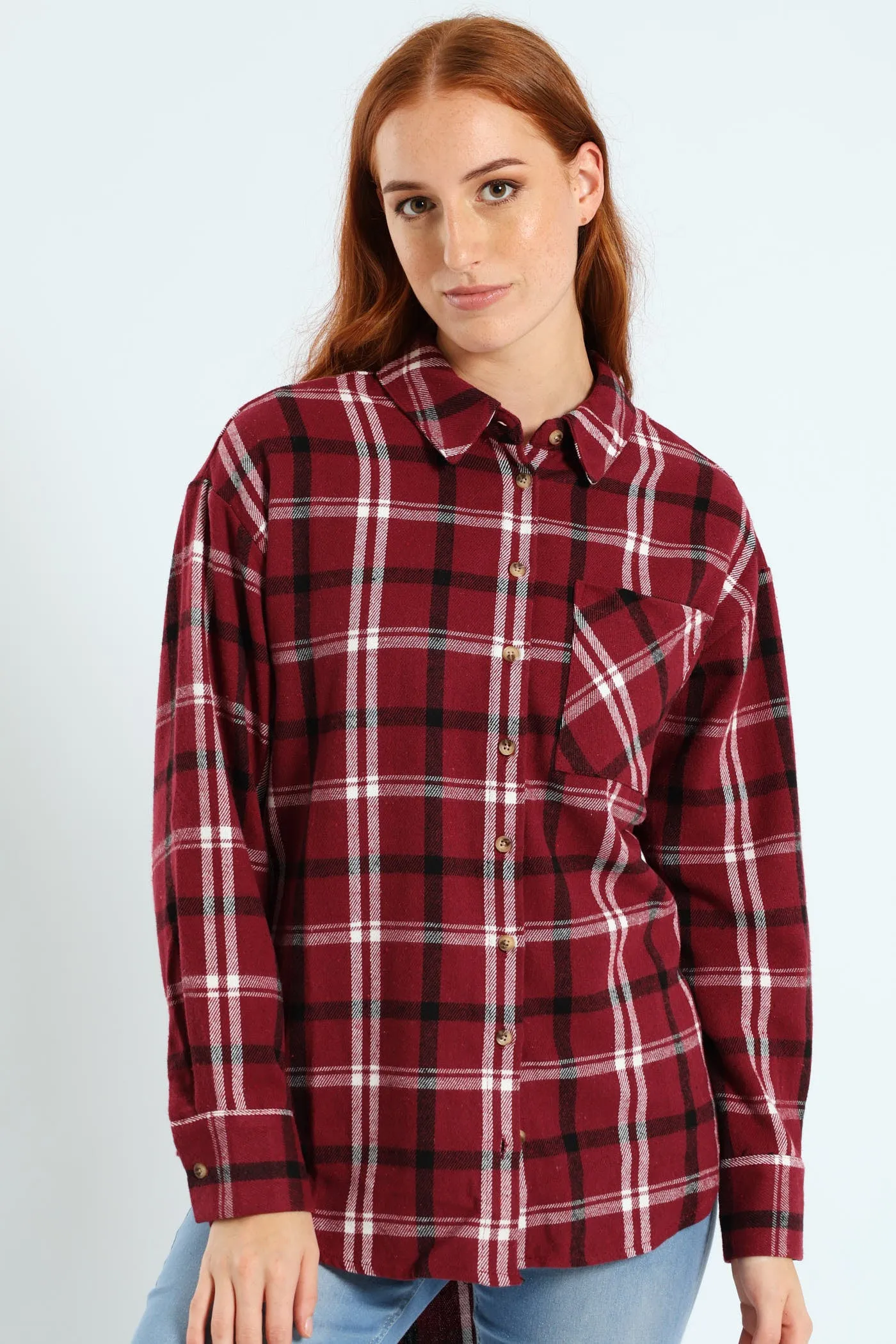 Long Length Flannel Check Shacket - Plum Noir