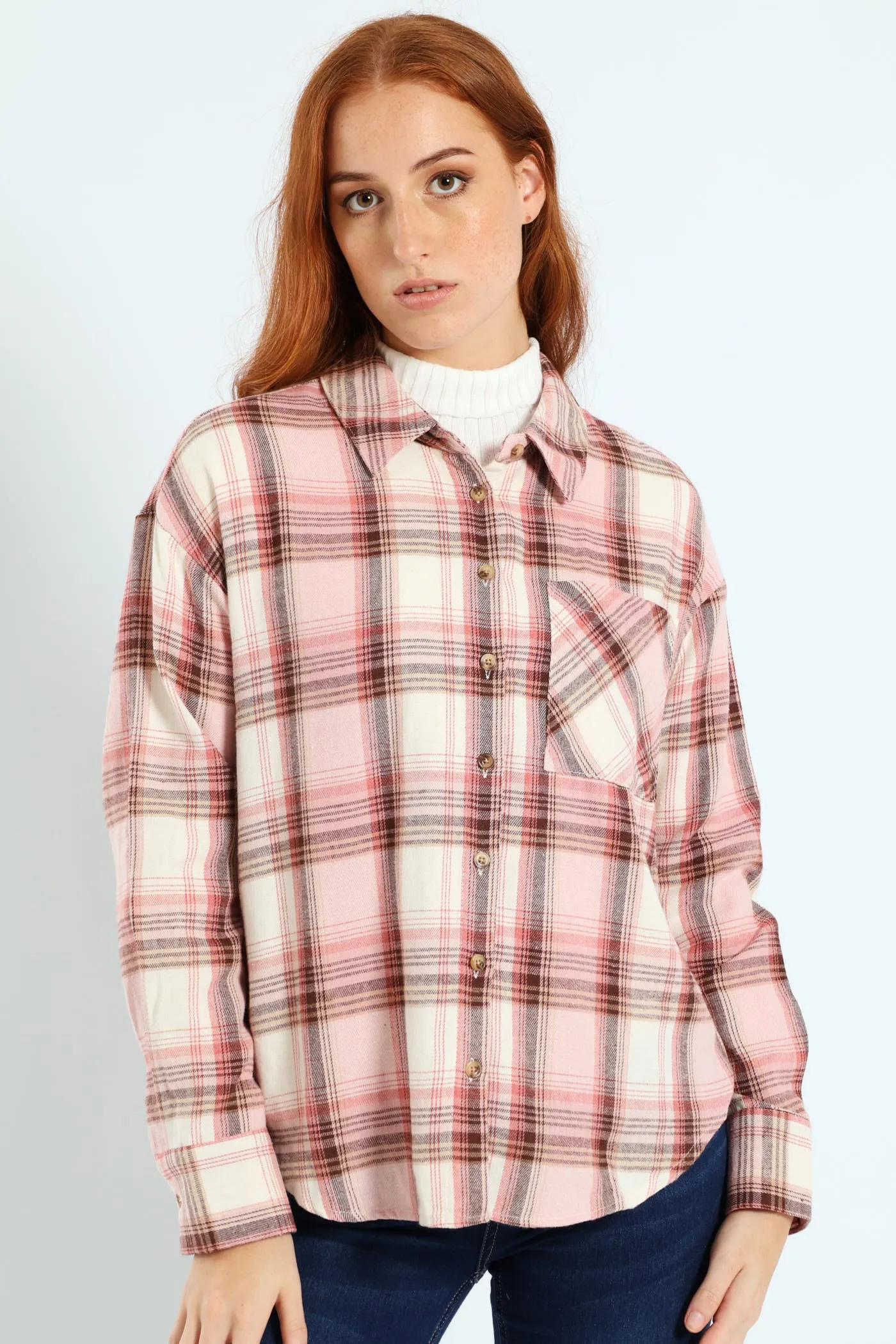 Long Sleeve Check Shacket - Blush