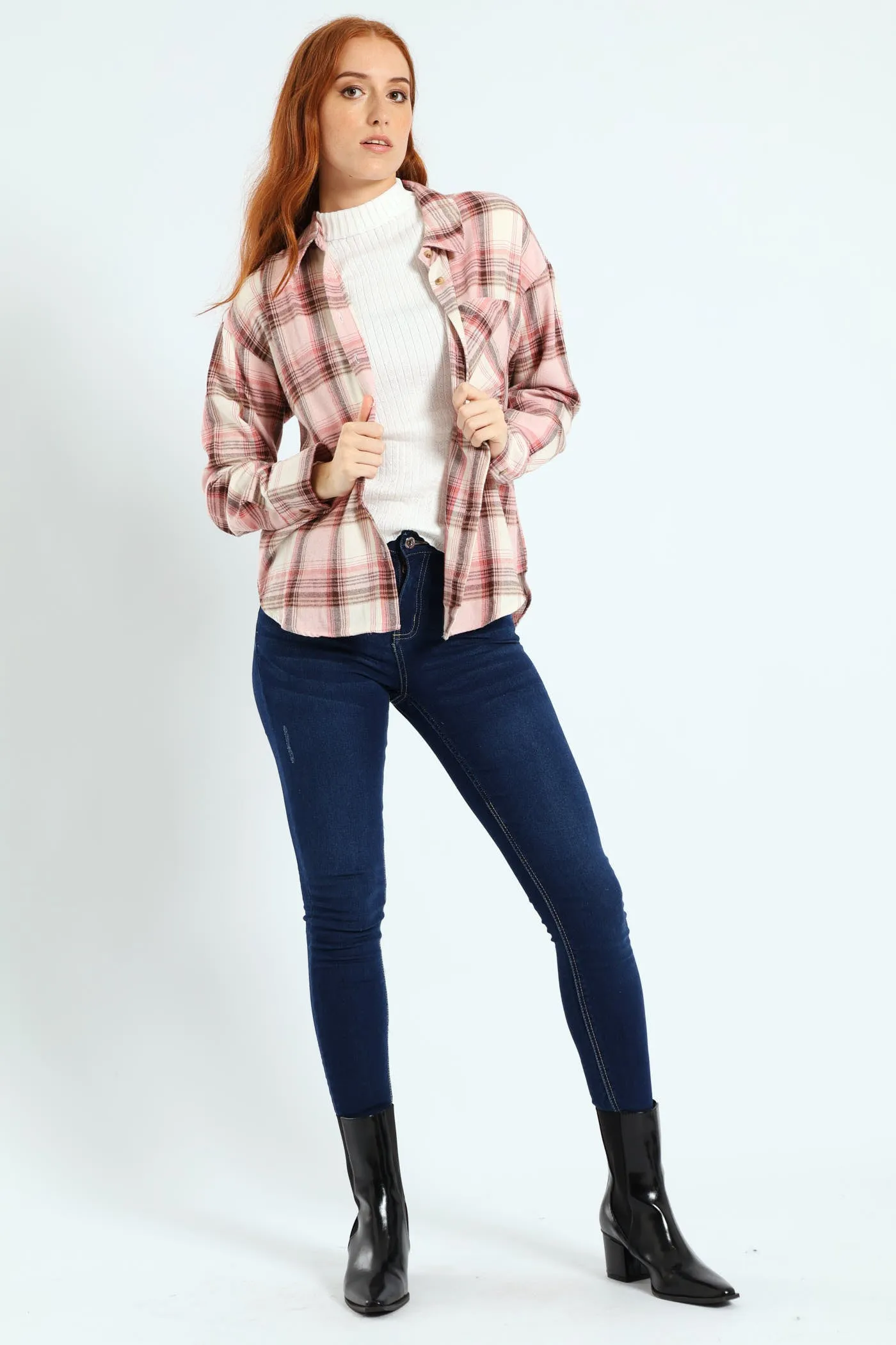 Long Sleeve Check Shacket - Blush