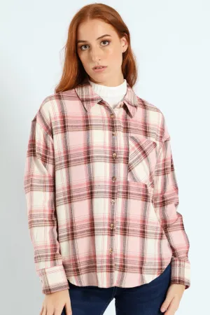Long Sleeve Check Shacket - Blush