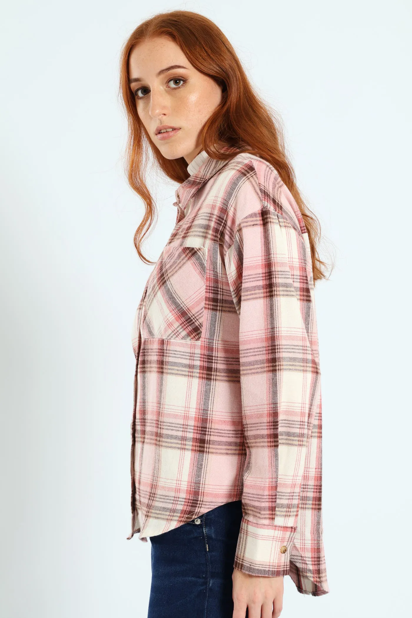 Long Sleeve Check Shacket - Blush