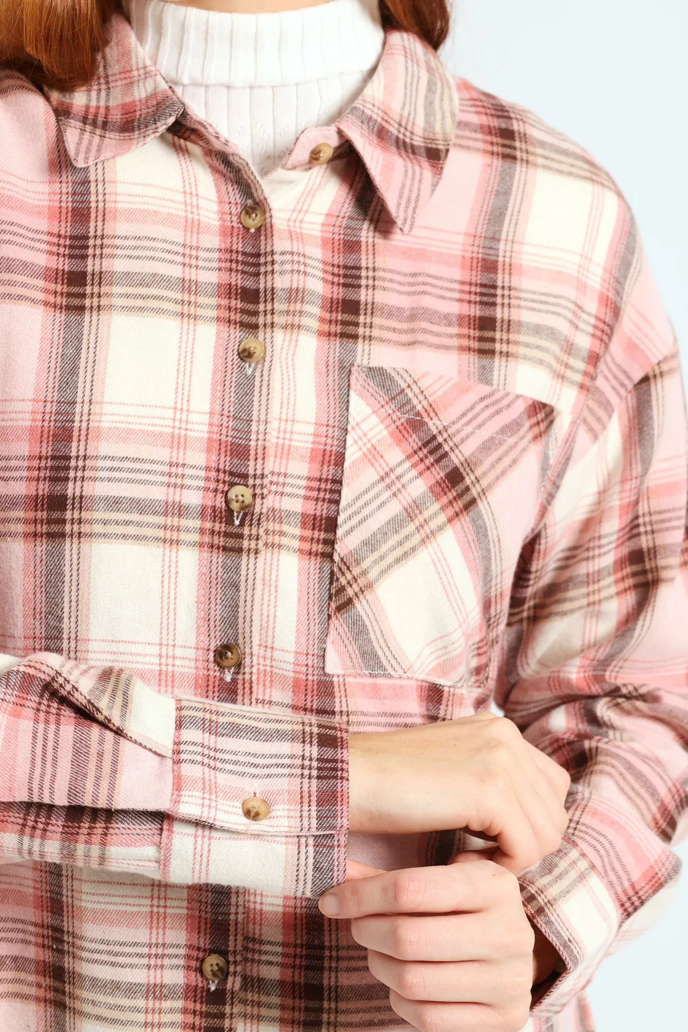 Long Sleeve Check Shacket - Blush