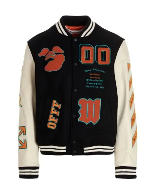 Off-White Logo Patches Stripe Trim Varsity Jacket