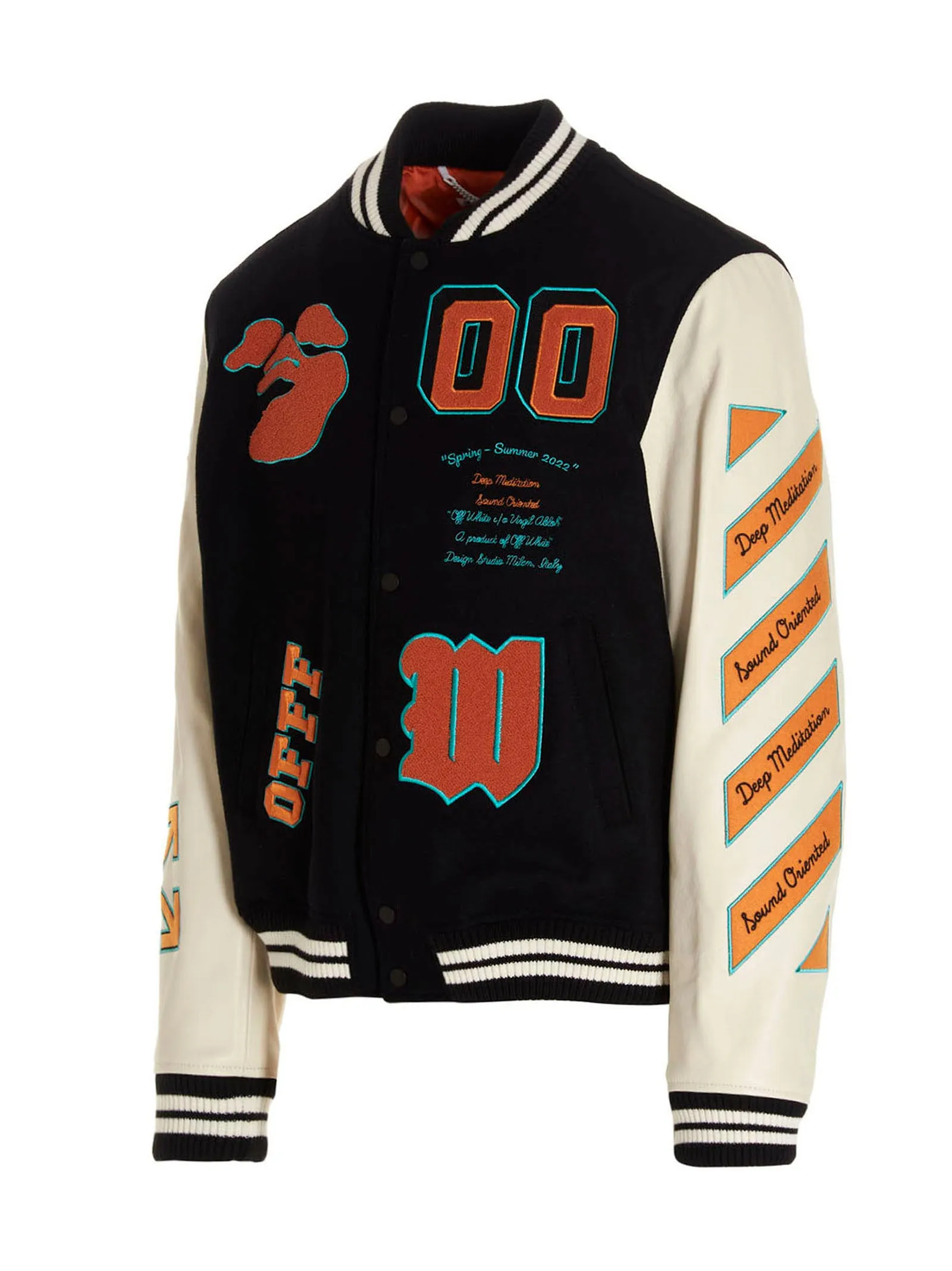 Off-White Logo Patches Stripe Trim Varsity Jacket